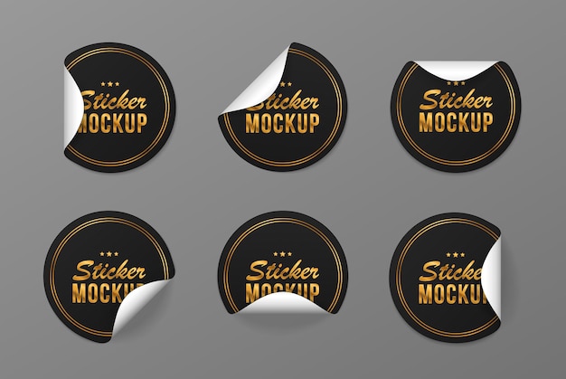 Vector mockup realistic paper round stickers black rounds papers adhesive stickers with peeling corner