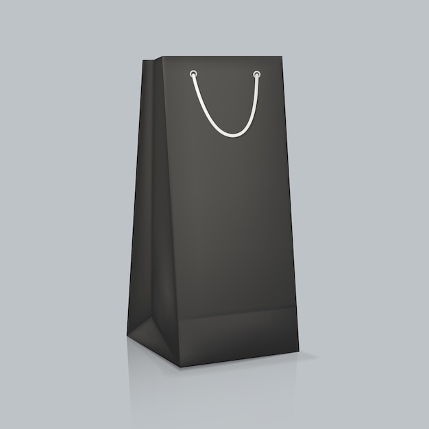 Mockup of realistic rectangular black paper bag Corporate identity blank packaging shopping bag paper mockup Branding packaging template with handles Boxing for alcohol Vector illustration