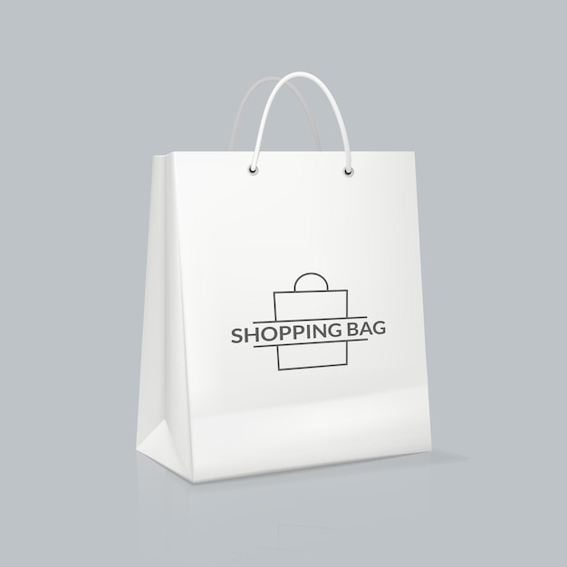 Mockup di sacchetto di carta bianca rettangolare realistico con logo borsa per la spesa di imballaggio vuoto aziendale modello di imballaggio di branding con maniglie libro di marca in stile aziendale vettore della spesa