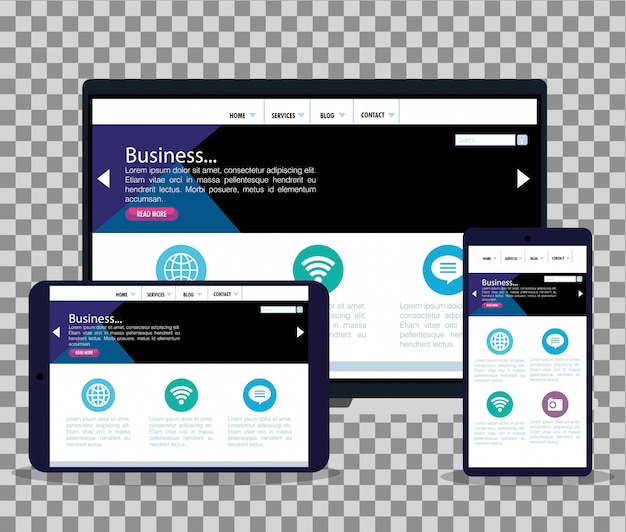 Вектор Мокап адаптивного интернета, разработка концептуального веб-сайта на ноутбуке, планшете и смартфоне