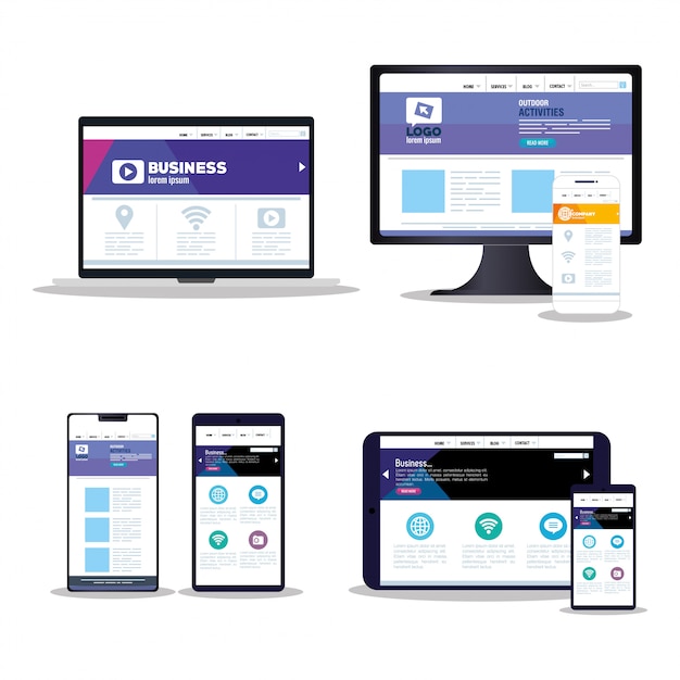 Vettore web reattivo di mockup, sviluppo di siti web di concetto in un set di dispositivi elettronici