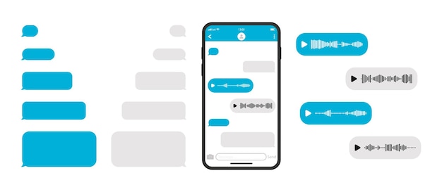 Vettore smartphone mockup con chat messenger modello vuoto messaggio vocale e icona discorso bolla vuota