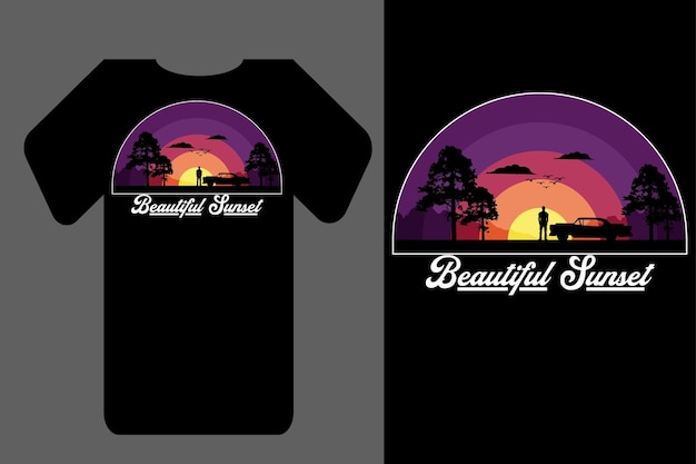 Vettore mockup t-shirt silhouette bellissimo tramonto retrò vintage