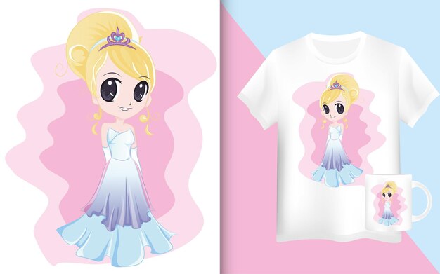 Mockup t shirt vectorillustratie van mooie prinses met blonde broodjes.