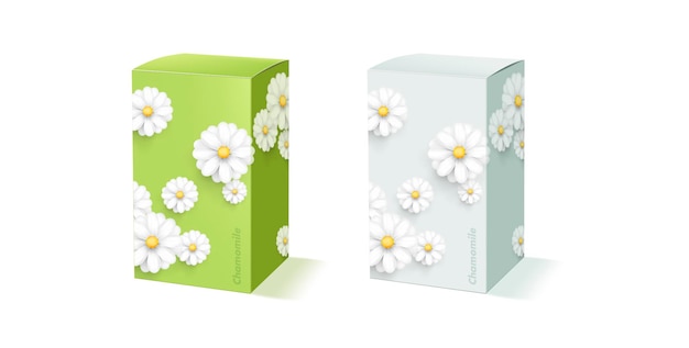 Mockup van packcge-doosvorm met modern kamille- of pluizig wit bloemdecor op groen en l