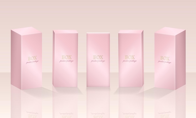 Mockup van rechthoekige kartonnen containers voor cosmetische, make-upproducten. Roze dozen op podium