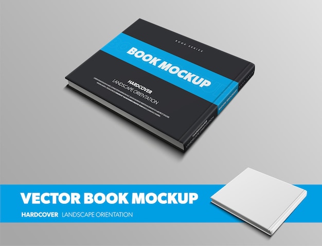 Mockup of vector black book with horizontal blue insert hardcover landscape orientation back view