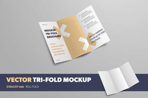 Vector mockup of vector open tri fold on gray background for design presentation. business brochure template with abstract pattern. realistic shadow booklet