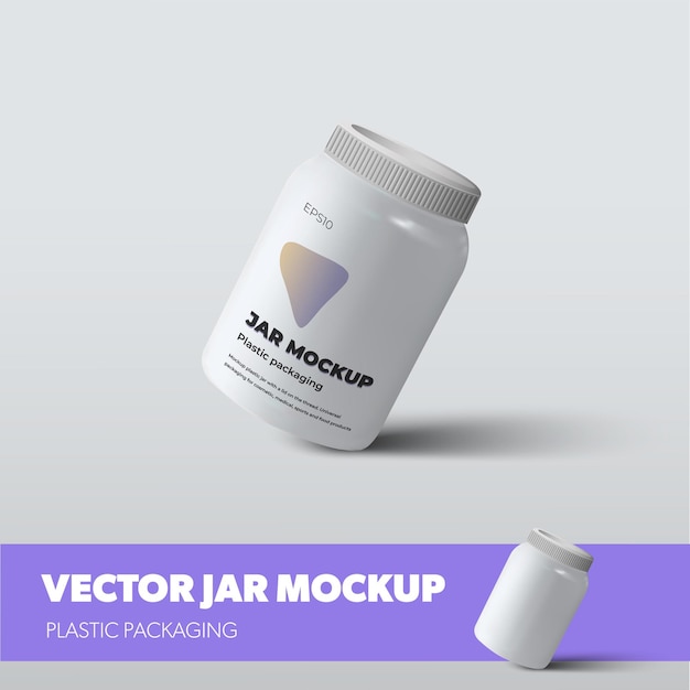 Mockup vectorverpakking voor supplementen, vitamine, pillen, met schroefdop, met realistische schaduwen, geïsoleerd op de achtergrond. Plastic witte potsjabloon met ontwerppresentatie in paarse kleur