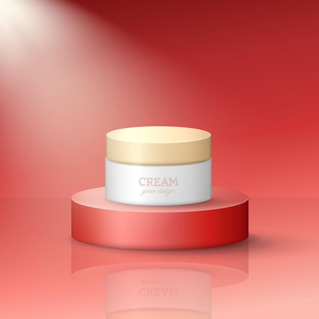 Mockup of white cream jar with golden lid on the bright red podium with reflection and spotlight