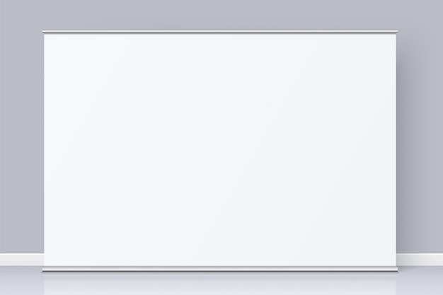 회색 벽 배경에 서 복사 공간 흰색 가로 롤업 배너의 모형.