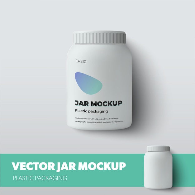 Vettore barattolo bianco mockup con tappo a vite isolato su sfondo, bottiglia per vitamina, pillole con ombre realistiche. modello di imballaggio vettoriale con presentazione del design, per la pubblicità in farmacia