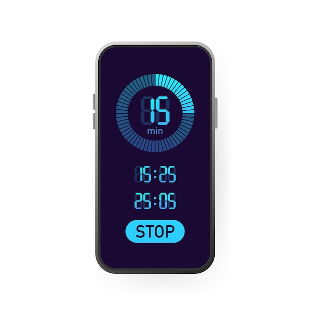 白い背景の上の青いストップウォッチスマートフォンとモックアップフラットデザインデジタル通信