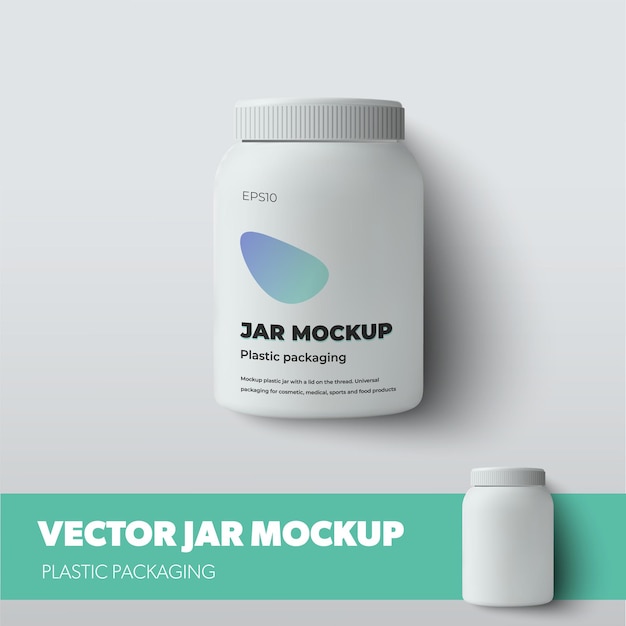 Mockup witte pot met schroefdop geïsoleerd op de achtergrond, fles voor vitamine, pillen met realistische schaduwen. Vectorverpakkingssjabloon met ontwerppresentatie, voor reclame in een apotheek