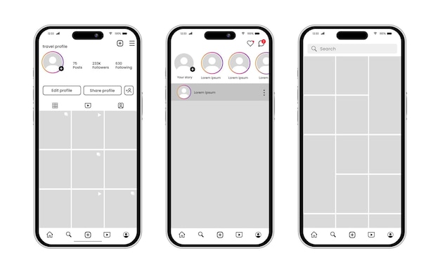 Mockups van Instagram UI-schermen op mobiele telefoons