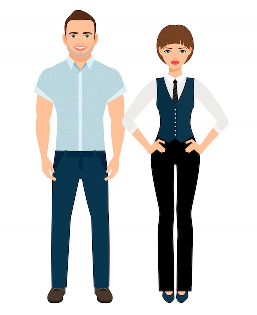 Mode elegant paar. man in polo shirt en vrouw in vest en broek. vector illustratie