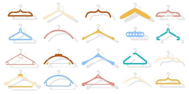 Vector mode kleding houten hanger cartoon platte icon set voor jassen truien jurken rokken broek vector