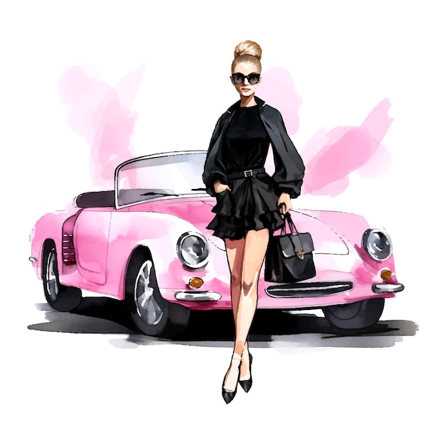 Vector mode meisje in luipaard print jurk en zonnebril staan naast roze auto kunst station trends