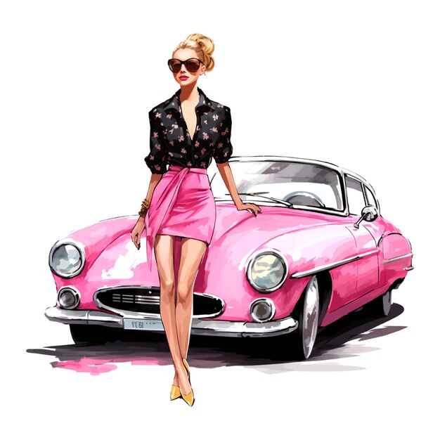 mode meisje in luipaard print jurk en zonnebril staan naast roze auto kunst station trends