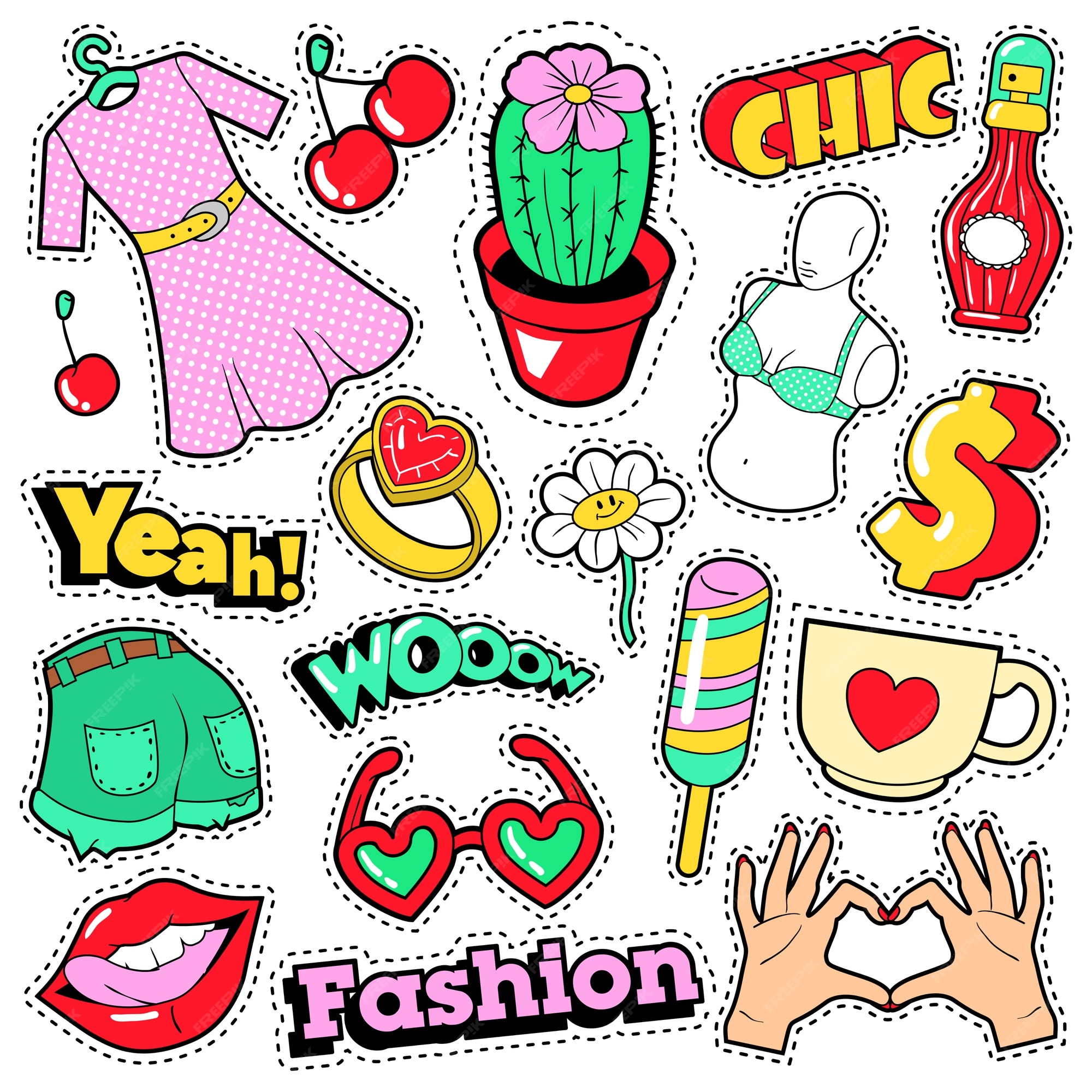 Mode meisjes badges, patches, stickers - accessoires, lippen en handen in komische stijl. | Premium Vector