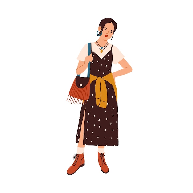 Mode-outfit in Boho-stijl. Vrouwelijk model in bohemian look. Stijlvolle vrouw die casual modieuze kleding draagt met etnische motieven. Platte vectorillustratie geïsoleerd op een witte achtergrond.