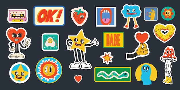 Mode patch badges met lippen harten tekstballonnen en andere elementen Vector illustratie set stickers pins patches in cartoon 80s90s stijl