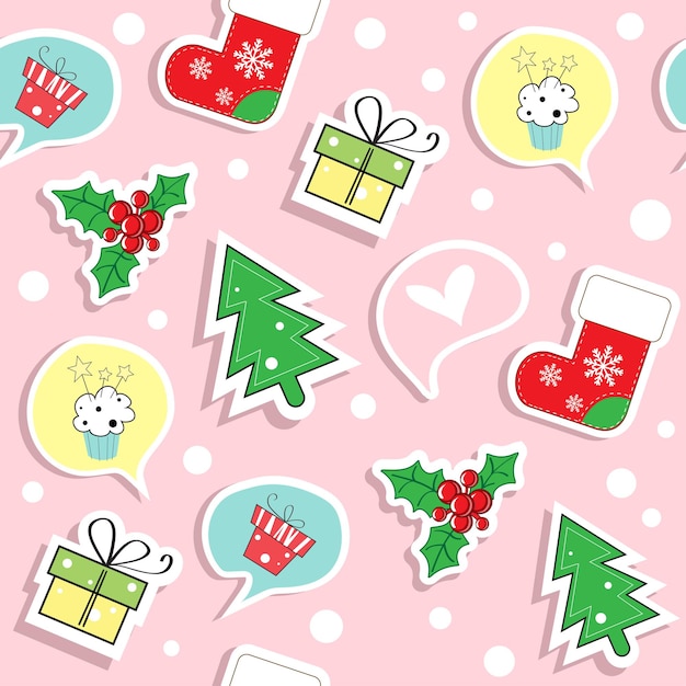 Mode patch kerst badges naadloze patroon op een roze achtergrond. vector illustratie