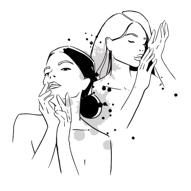 Mode portret van twee jonge vrouwen, beauty line art tekening