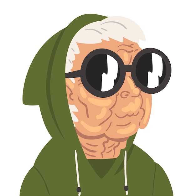 Mode senior vrouw met hoodie en zonnebril oude dame personage met trendy kleding vector