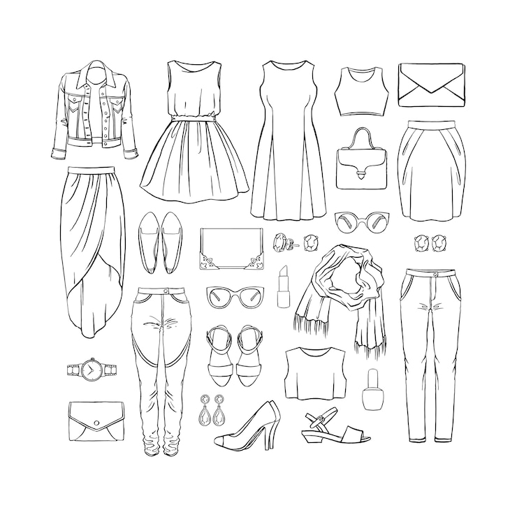 Vector mode set van vrouwelijke kleding. hand getekende illustratie