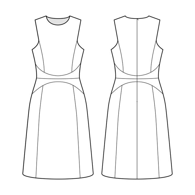 Mode technische tekening van mouwloze jurk met geaccentueerde taille