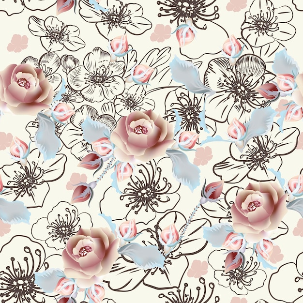 Vector mode vector patroon met bloemen in vintage stijl