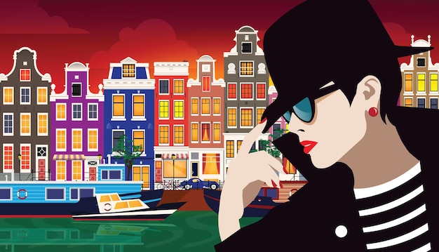 Mode vrouw in stijl popart. Het meisje op de straat van Amsterdam, Holland. vector illustratie