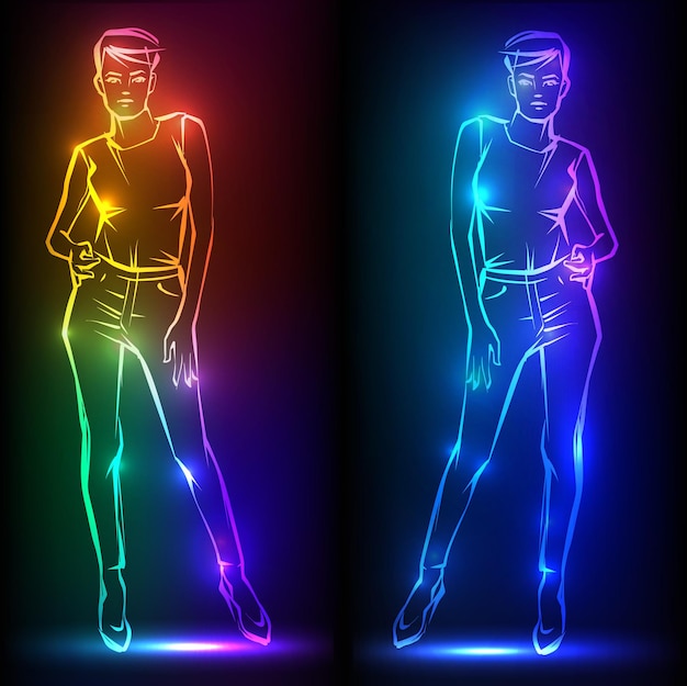 Mode vrouw Vrouwelijk model Hand getekende mode dame Banner met neon silhouet van vrouw figuur