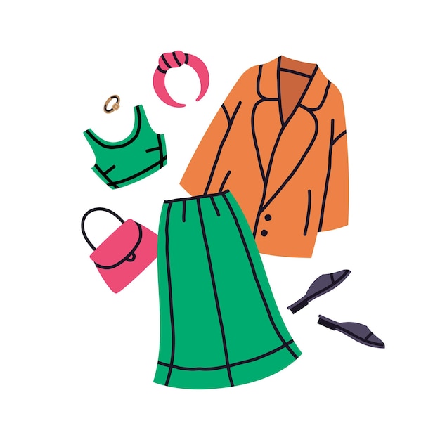 Mode vrouwelijke outfit fel trendy groen roze en oranje moderne casual look vector set
