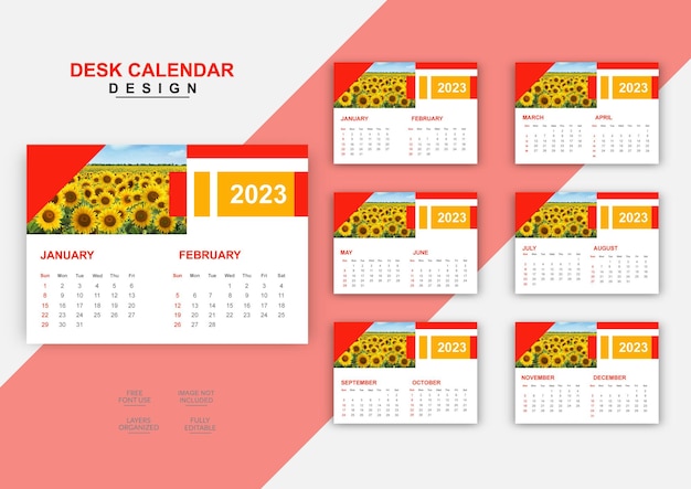 Modello a 6 pagine di design del calendario da tavolo per il nuovo anno 2023 di modeen