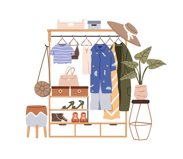 Vector modegarderobe, moderne dameskleding die aan een hanger hangt, kledingstukken op rekken. opbergruimte voor damesschoenen, kleding, tassen en zomeraccessoires. platte vectorillustratie geïsoleerd op een witte achtergrond