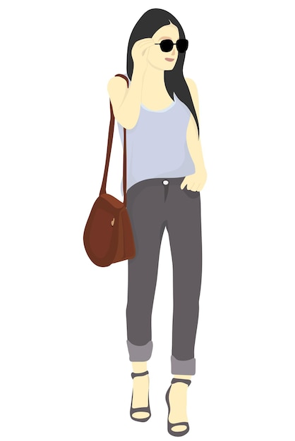 Vector model casual girl pose holding sunglasses with a brown bag