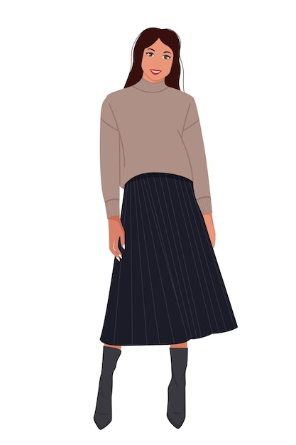 The model girl is smiling in a turtleneck and a long skirt with shoes