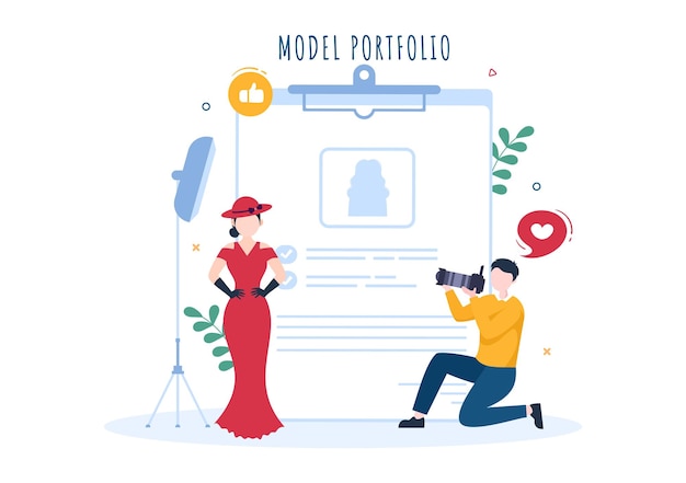 Model portfolio illustration with modeling agency manager and photographer take photos of model