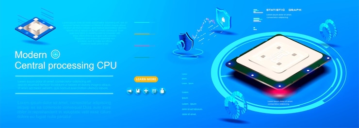 Vector model powerful processor with neon holographic backlight processor in isometric view