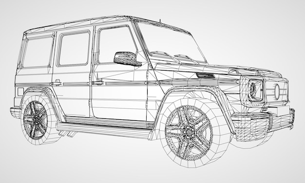 Model of premium frame SUV with a classic design. Vector illustration of a black polygon triangular grid on a gray background.