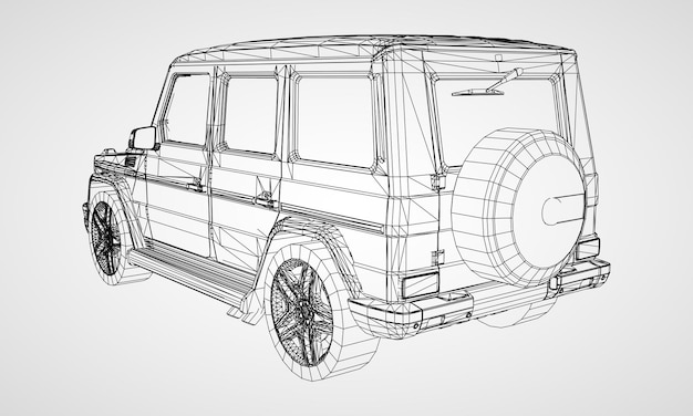 Vector model of premium frame suv with a classic design. vector illustration of a black polygon triangular grid on a gray background.