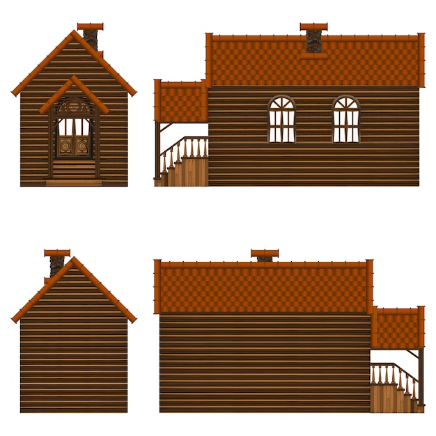 Vector model of a small wooden house with windows and a porch