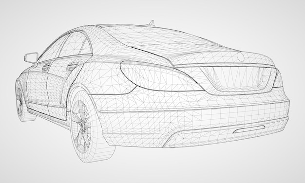 Il modello sfoggia una berlina premium. illustrazione vettoriale sotto forma di griglia triangolare poligonale nera su sfondo grigio.