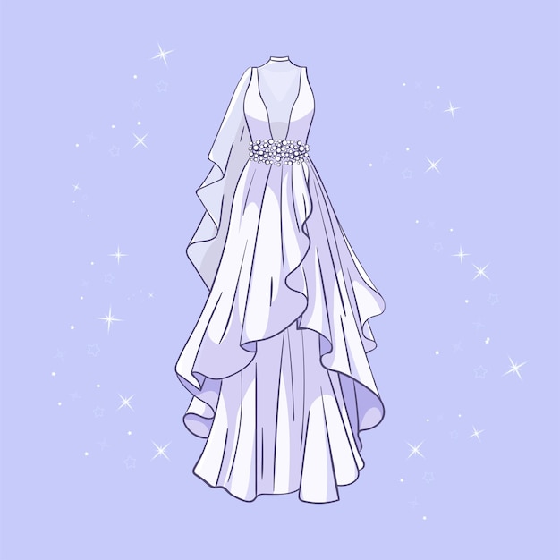 Vector model of a wedding dress with sequins around