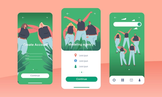 Modelleringsbureau Mobiele app-pagina Onboard-schermsjabloon Verschillende vrouwelijke personages met verschillende figuurtypen