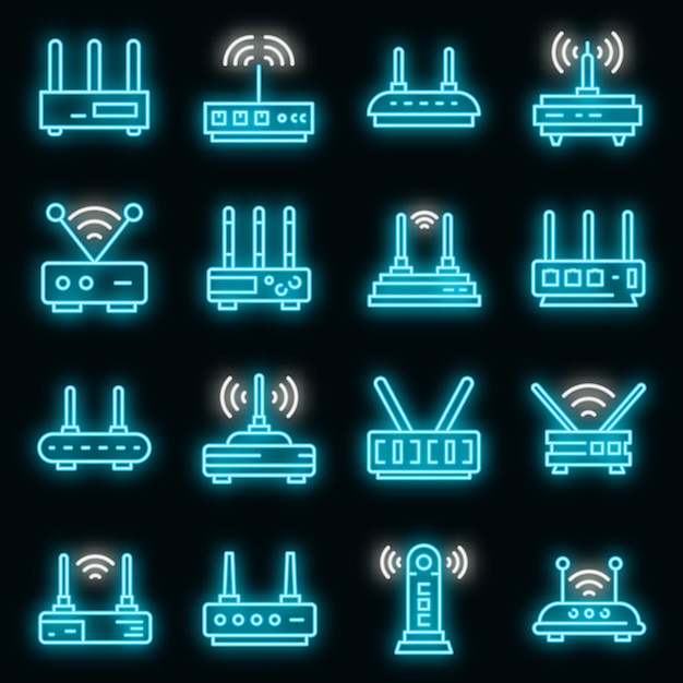 Modem pictogrammen instellen. Overzicht set van modem vector iconen neon kleur op zwart