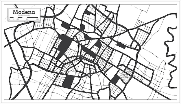 レトロなスタイルのアウトラインマップの黒と白の色のモデナイタリア都市地図