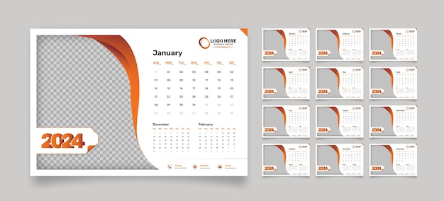 Modern 12 pages desk calendar template for the year 2024 with abstract gradient shapes and an image placeholder